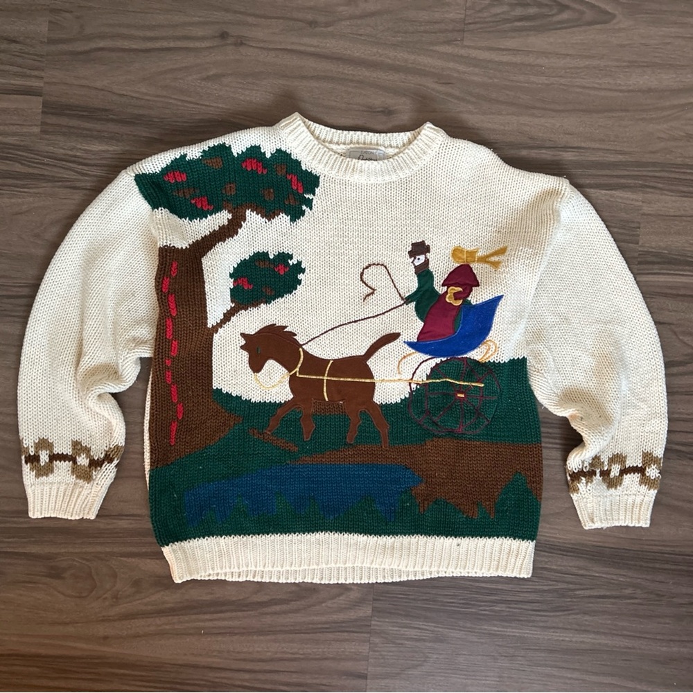 Vintage Eaton Knit Sweater Horse Carriage Size L 100% Acrylic Read Description